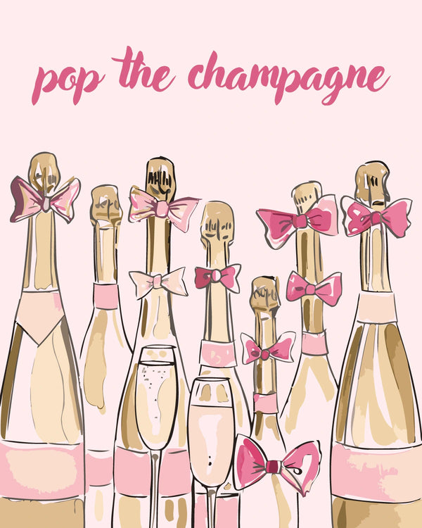 Elegant champagne bottles with pink bows and celebratory text