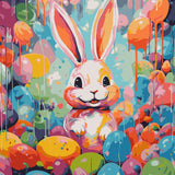 Colorful painting of a cheerful bunny surrounded by vibrant Easter eggs