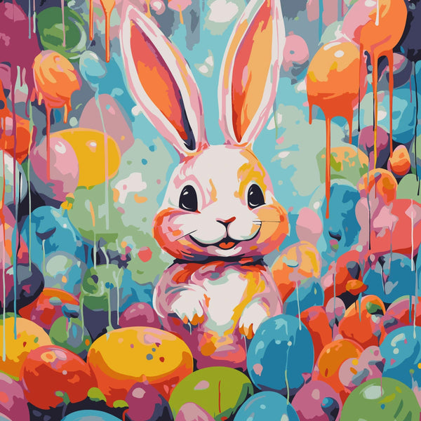 Colorful painting of a cheerful bunny surrounded by vibrant Easter eggs