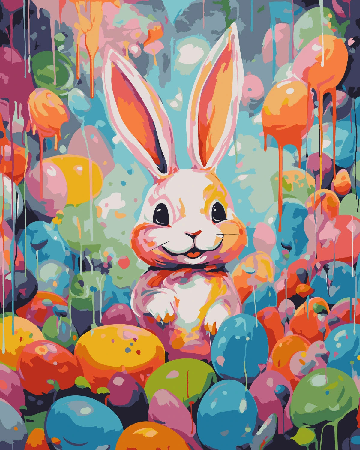 Colorful painting of a cheerful bunny surrounded by vibrant Easter eggs