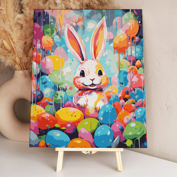 Colorful painting of a cheerful bunny surrounded by vibrant Easter eggs