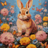 Painting of a cute rabbit sitting among colorful flowers and butterflies