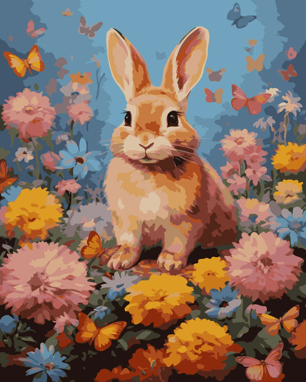 Painting of a cute rabbit sitting among colorful flowers and butterflies