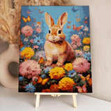 Painting of a cute rabbit sitting among colorful flowers and butterflies