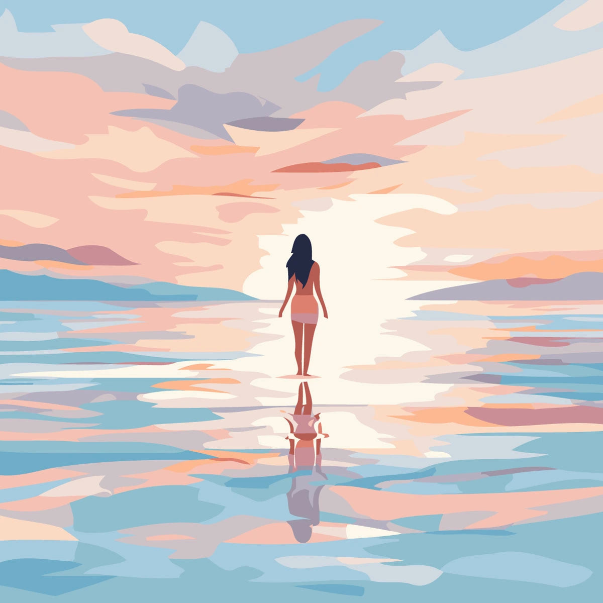 Woman walking on water towards the horizon under pastel sunset