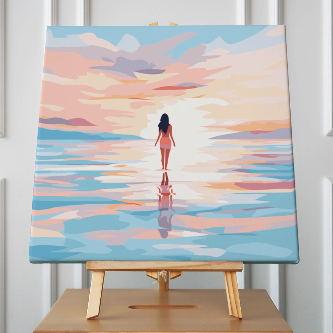 Woman walking on water towards the horizon under pastel sunset