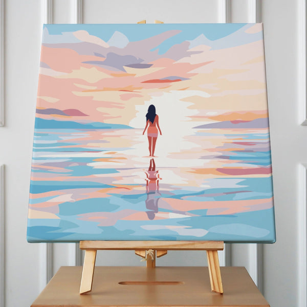 Woman walking on water towards the horizon under pastel sunset