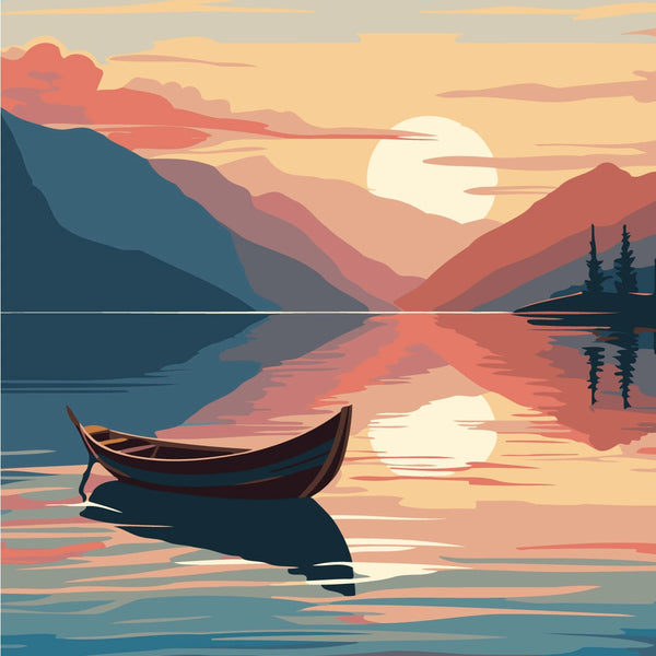 A lone wooden boat floating on a calm lake at sunset