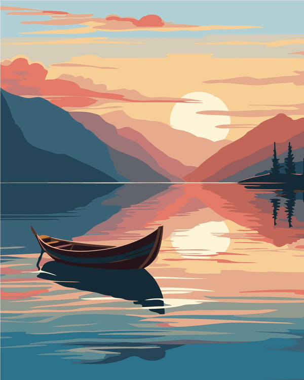 A lone wooden boat floating on a calm lake at sunset