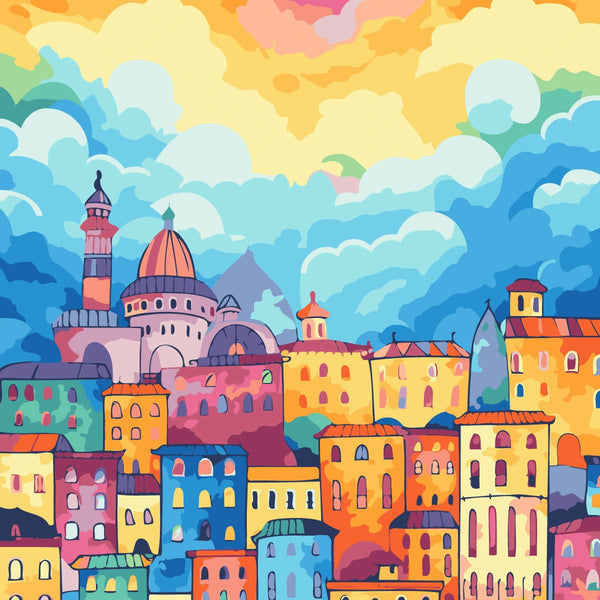 Vibrant cityscape painting with colorful buildings and dramatic sky