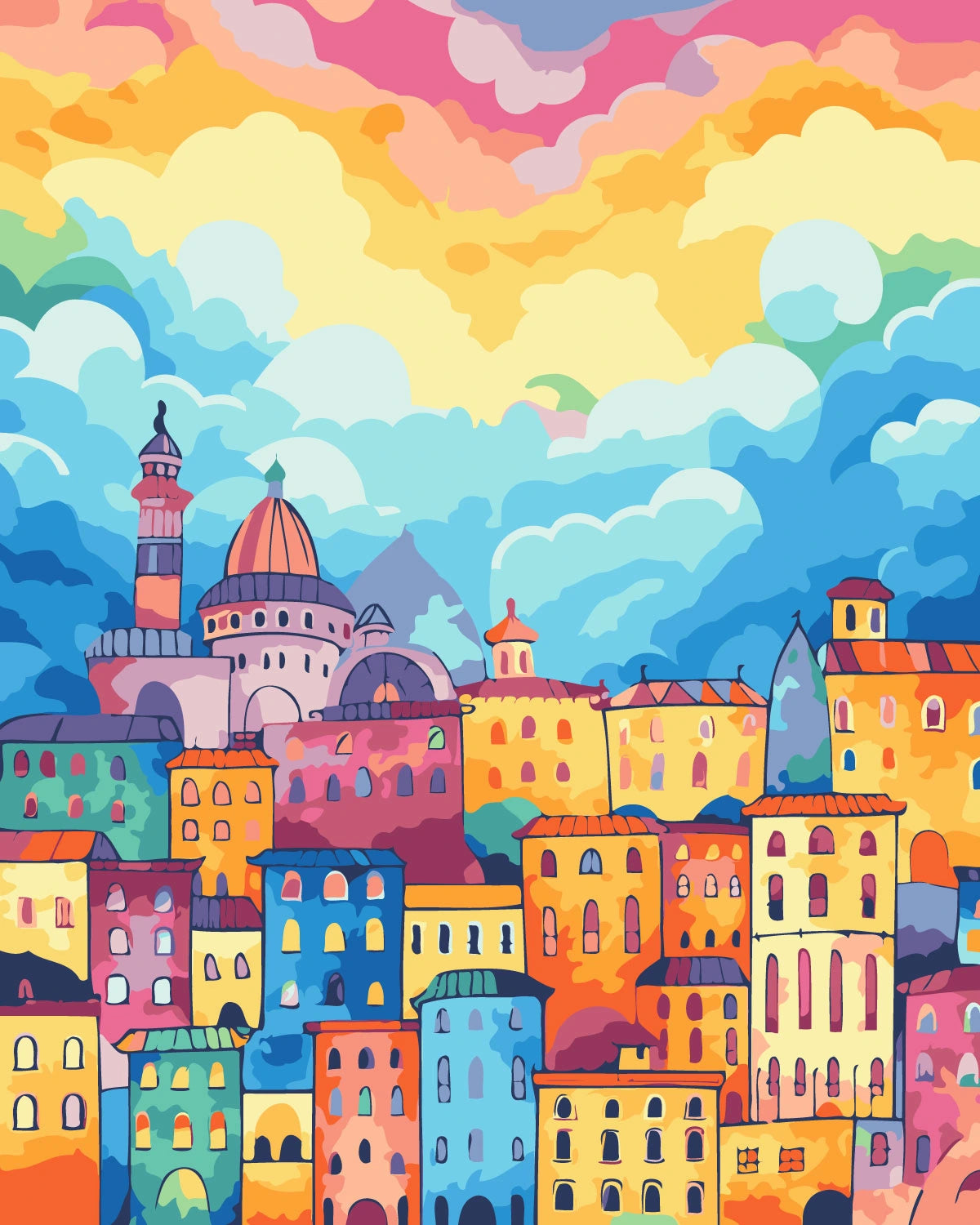 Vibrant cityscape painting with colorful buildings and dramatic sky
