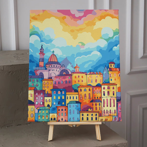 Vibrant cityscape painting with colorful buildings and dramatic sky