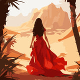 Woman in flowing red dress walking through a desert landscape