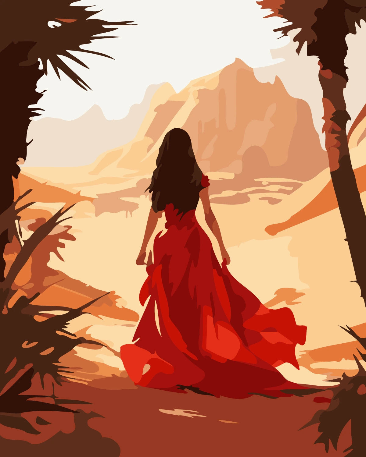 Woman in flowing red dress walking through a desert landscape