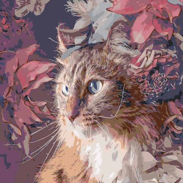 Stylized painting of a cat surrounded by vibrant floral elements