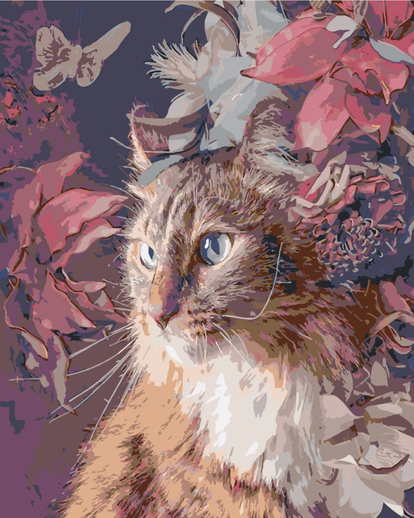 Stylized painting of a cat surrounded by vibrant floral elements