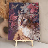 Stylized painting of a cat surrounded by vibrant floral elements
