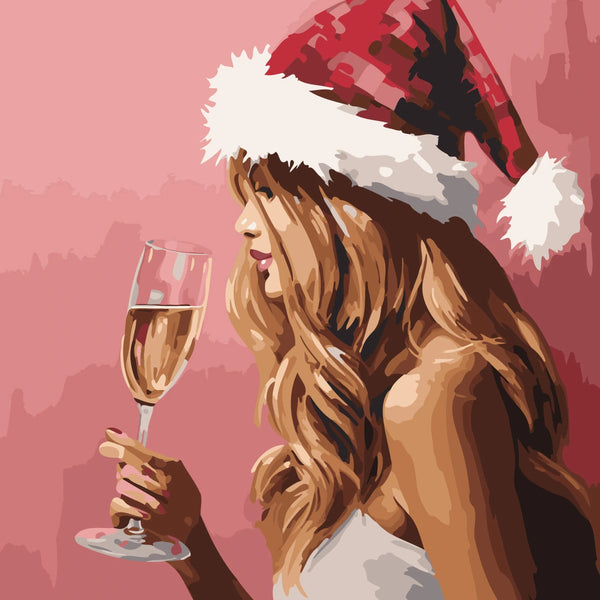 Painting of a woman in a Santa hat holding champagne