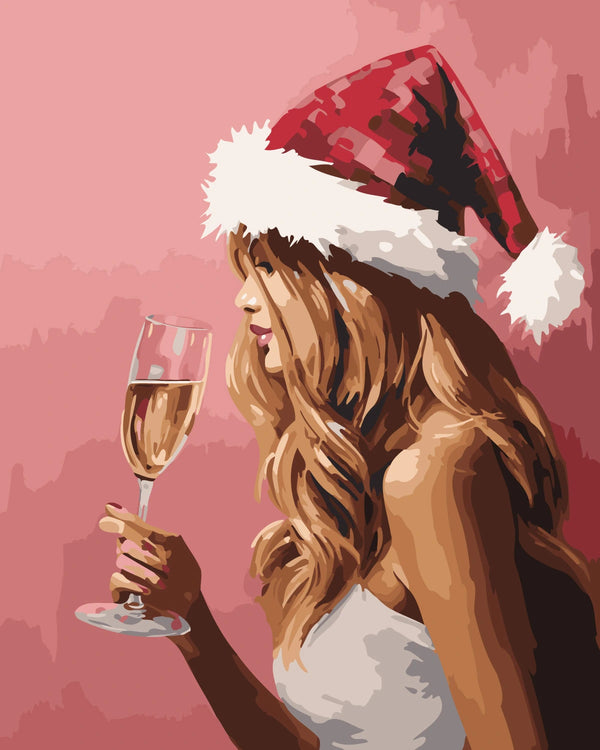 Painting of a woman in a Santa hat holding champagne