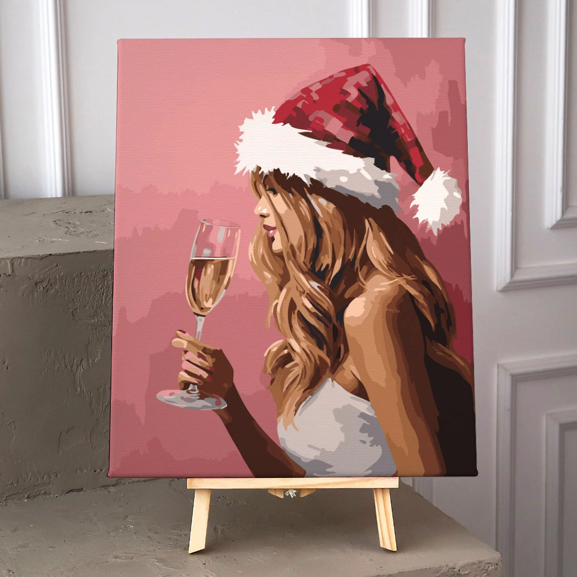 Painting of a woman in a Santa hat holding champagne