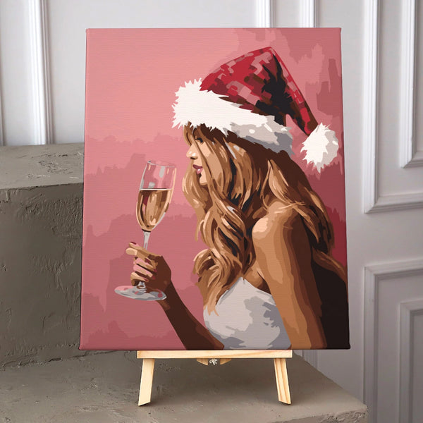 Painting of a woman in a Santa hat holding champagne