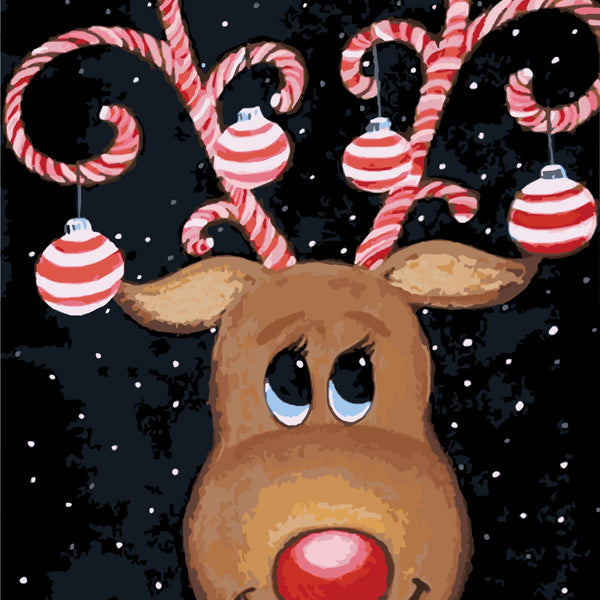 Painting of a reindeer with candy cane antlers and ornaments