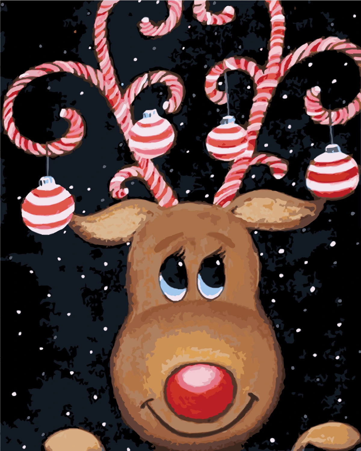 Painting of a reindeer with candy cane antlers and ornaments