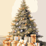 Painting of a decorated Christmas tree with presents underneath