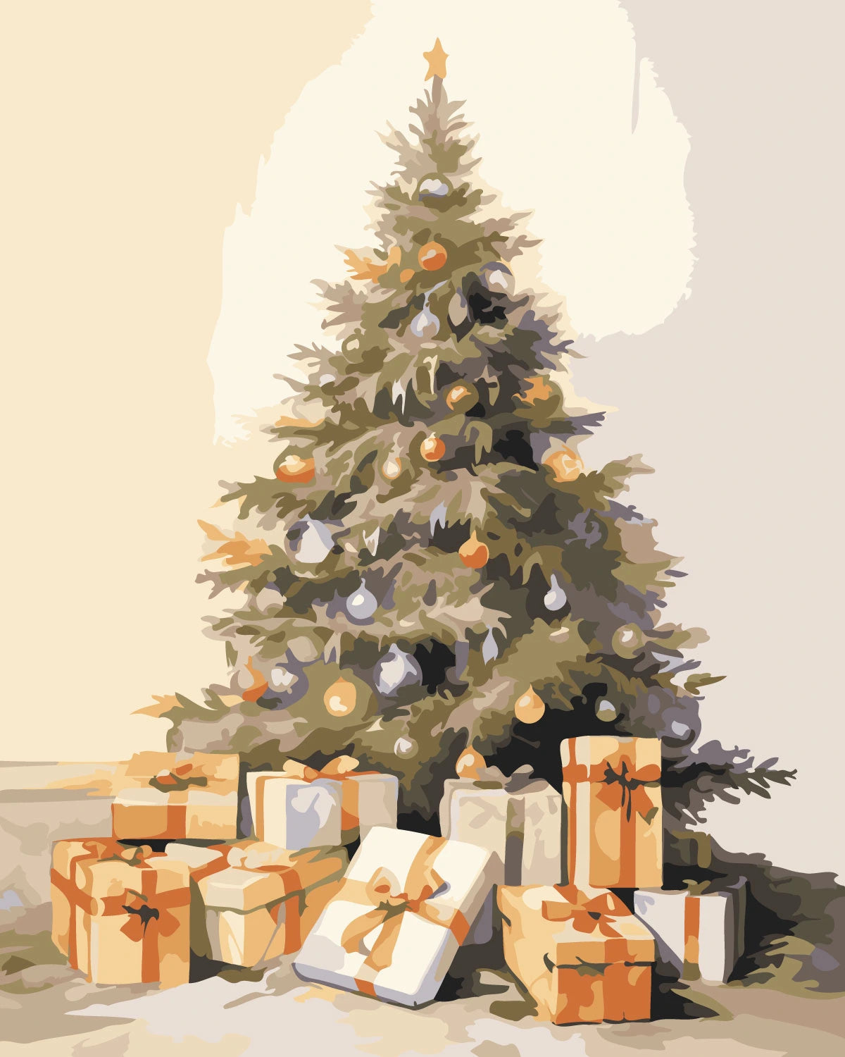 Painting of a decorated Christmas tree with presents underneath