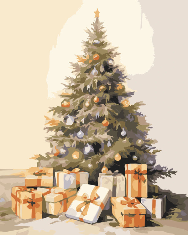 Painting of a decorated Christmas tree with presents underneath