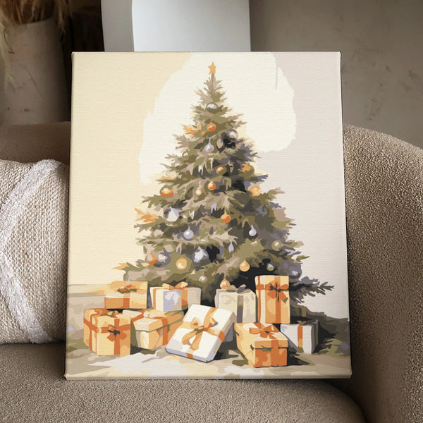 Painting of a decorated Christmas tree with presents underneath