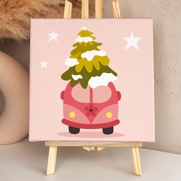 Painting of a pink van carrying a snow-covered Christmas tree