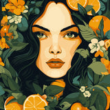 Woman's face surrounded by oranges flowers and lush green leaves