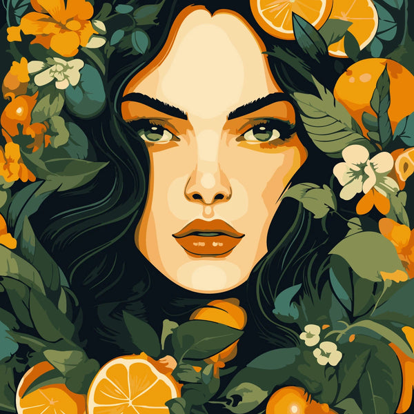 Woman's face surrounded by oranges flowers and lush green leaves