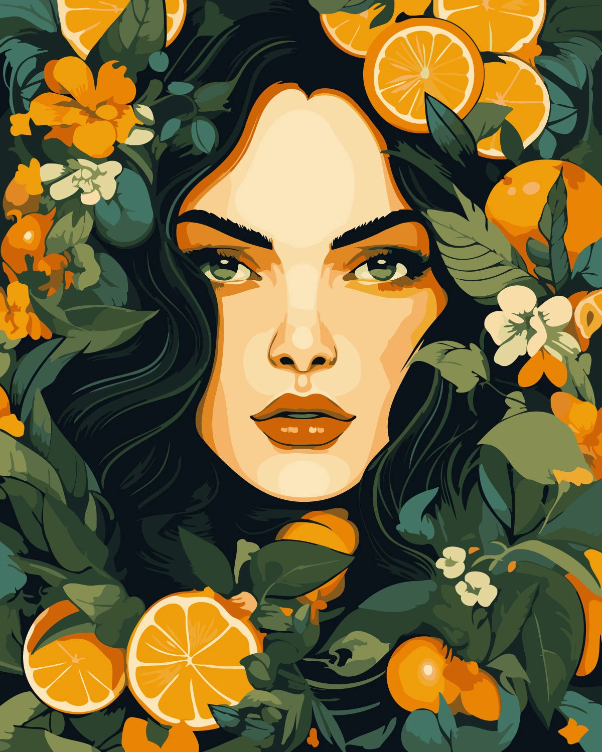 Woman's face surrounded by oranges flowers and lush green leaves