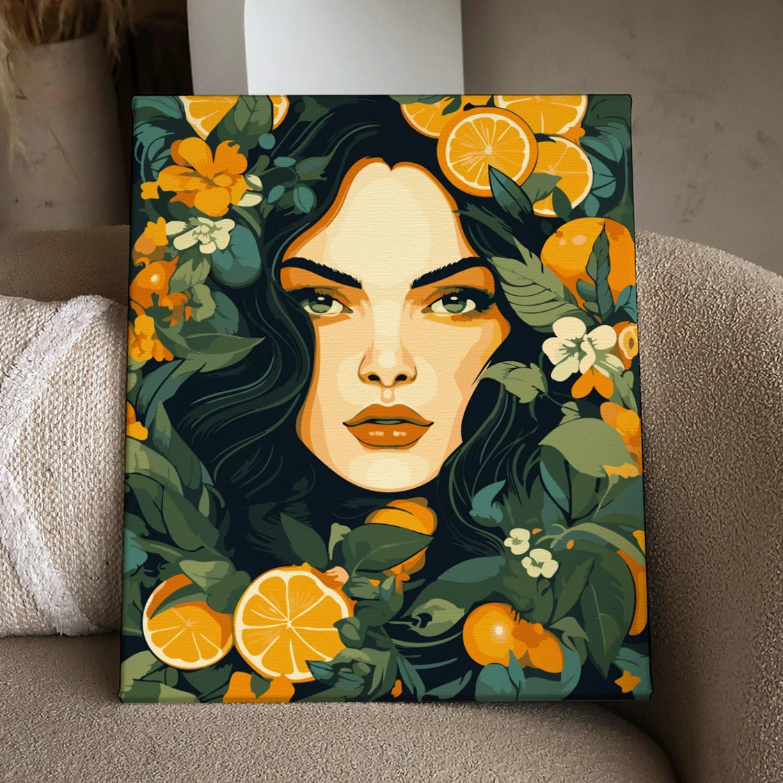 Woman's face surrounded by oranges flowers and lush green leaves