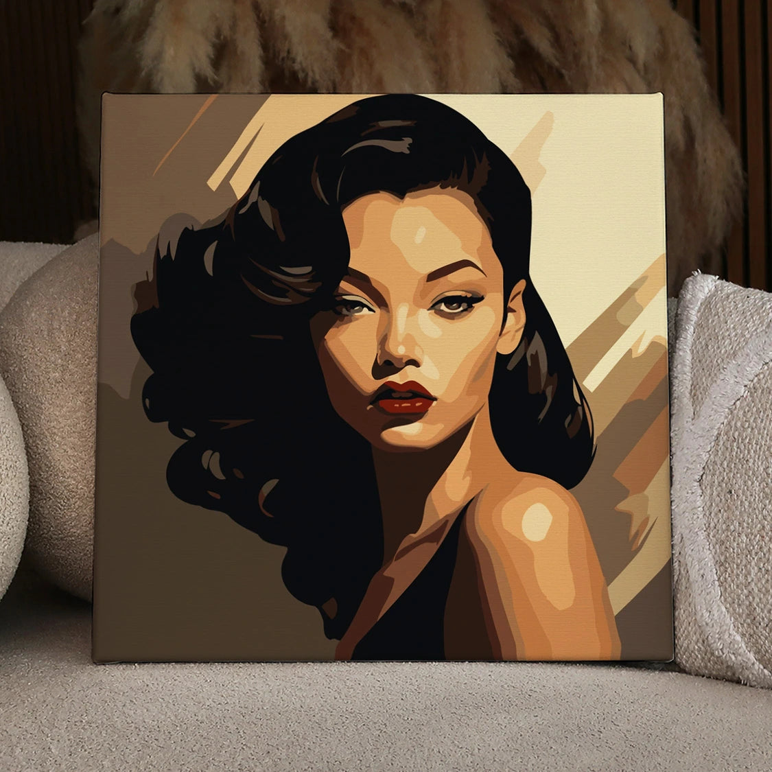 Elegant woman with dark hair and red lips in vintage style