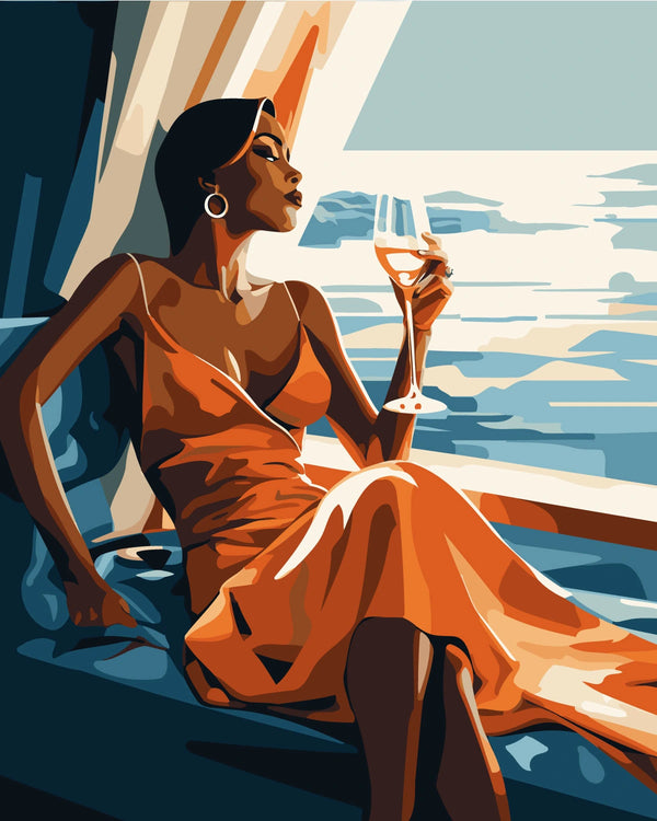 Sophisticated woman in orange dress enjoying wine with ocean view