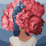 Surreal portrait of woman with floral head and blue jay