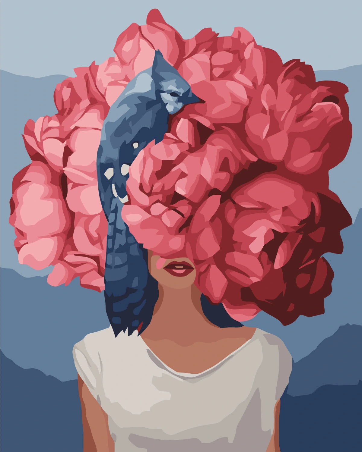 Surreal portrait of woman with floral head and blue jay