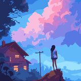 Silhouetted girl gazing at vibrant pink and blue sunset clouds