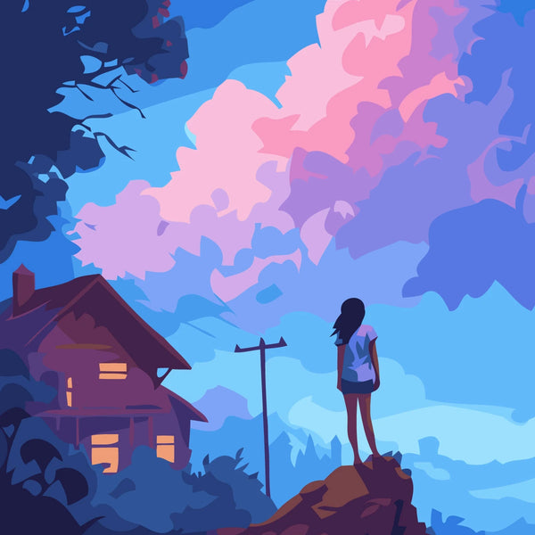 Silhouetted girl gazing at vibrant pink and blue sunset clouds