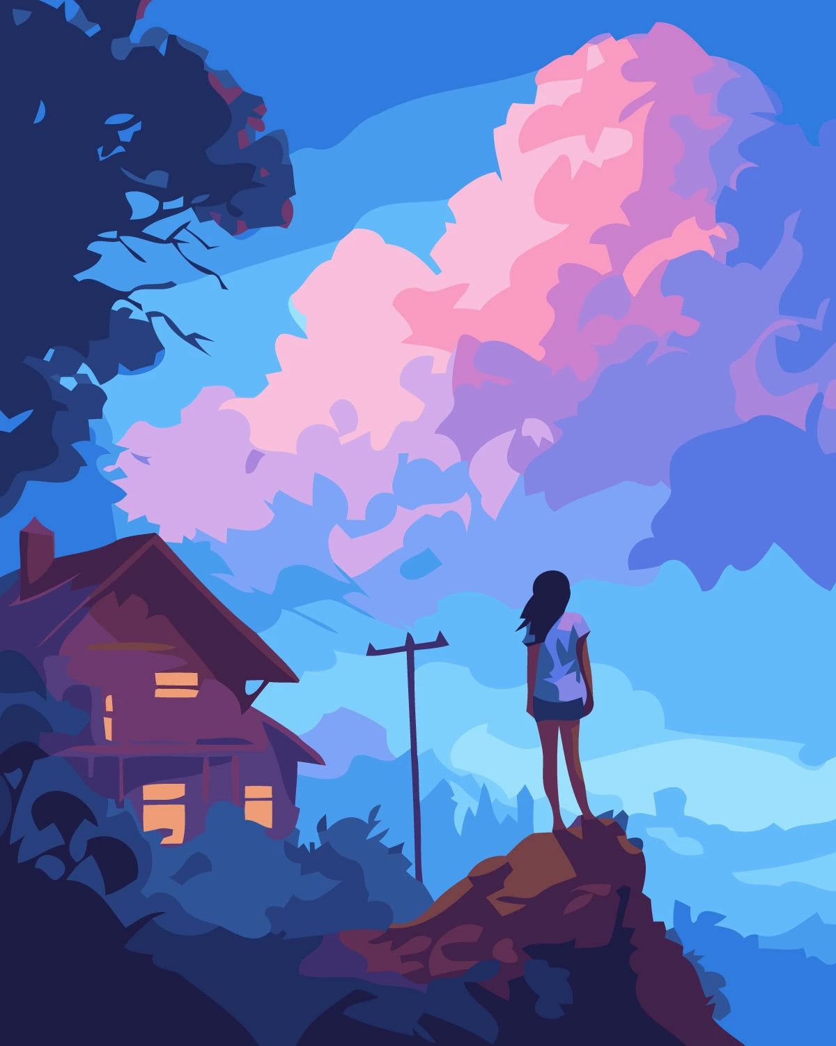 Silhouetted girl gazing at vibrant pink and blue sunset clouds