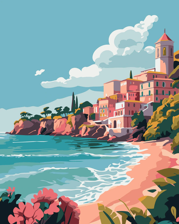 Colorful coastal village with a sandy beach and turquoise sea