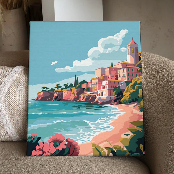 Colorful coastal village with a sandy beach and turquoise sea