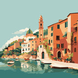 Scenic Mediterranean village with colorful buildings and boats on water
