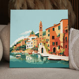 Scenic Mediterranean village with colorful buildings and boats on water