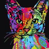 Colorful abstract painting of a cat with vibrant psychedelic patterns