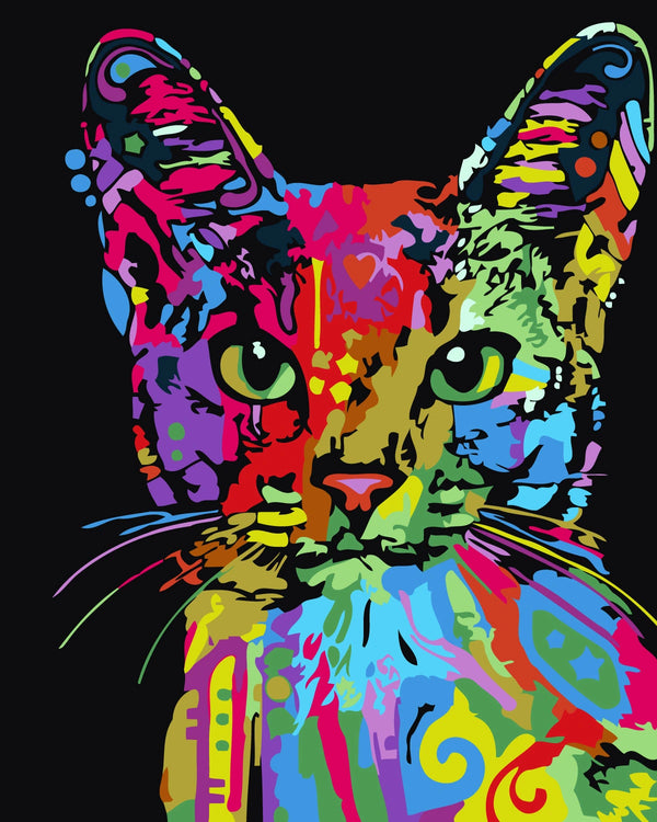 Colorful abstract painting of a cat with vibrant psychedelic patterns