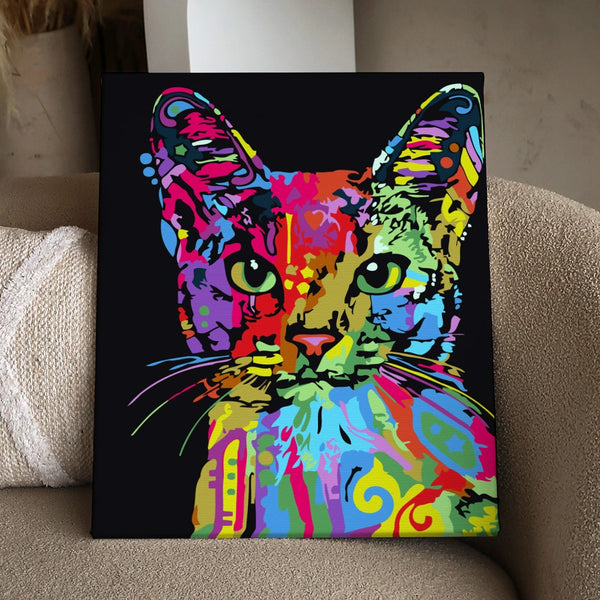 Colorful abstract painting of a cat with vibrant psychedelic patterns